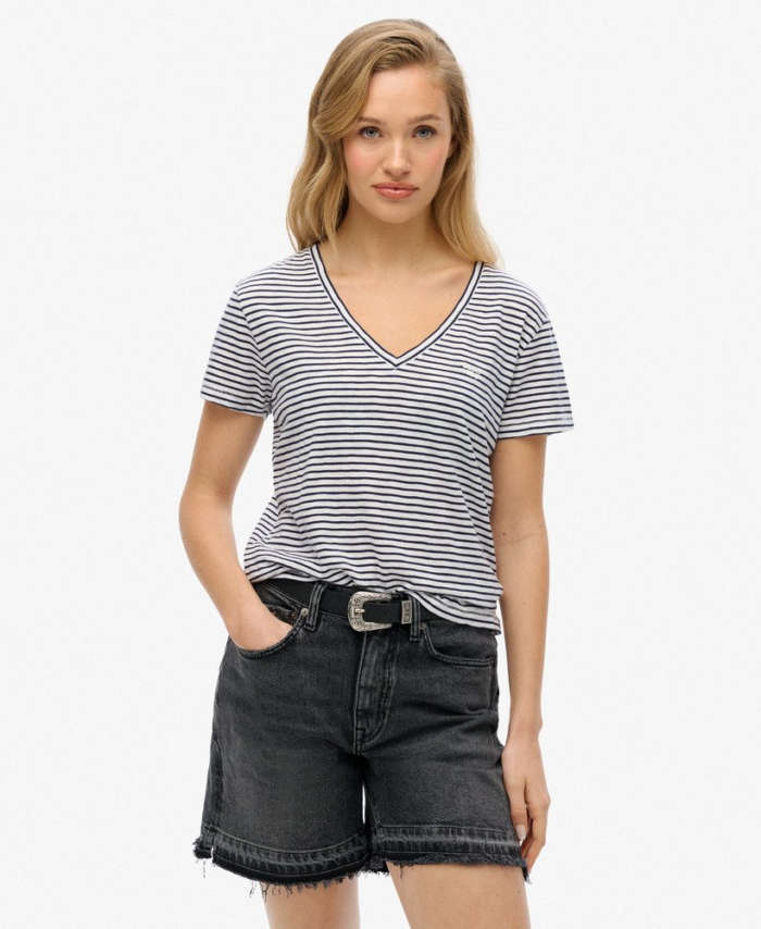 Slub Embroidered V-Neck T-Shirt